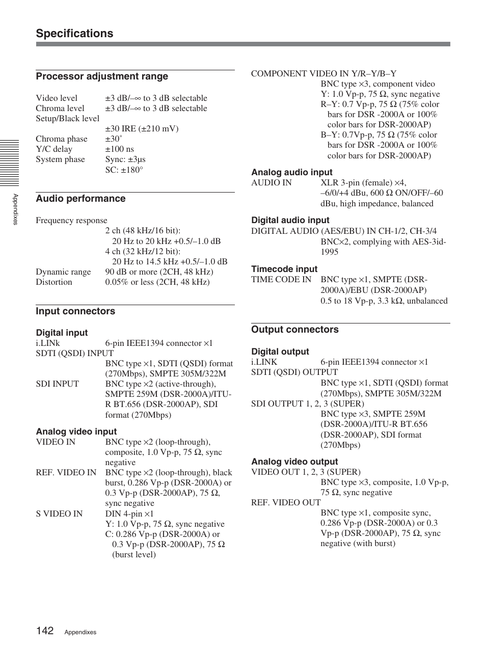 Specifications | Sony DSR-2000AP User Manual | Page 142 / 150