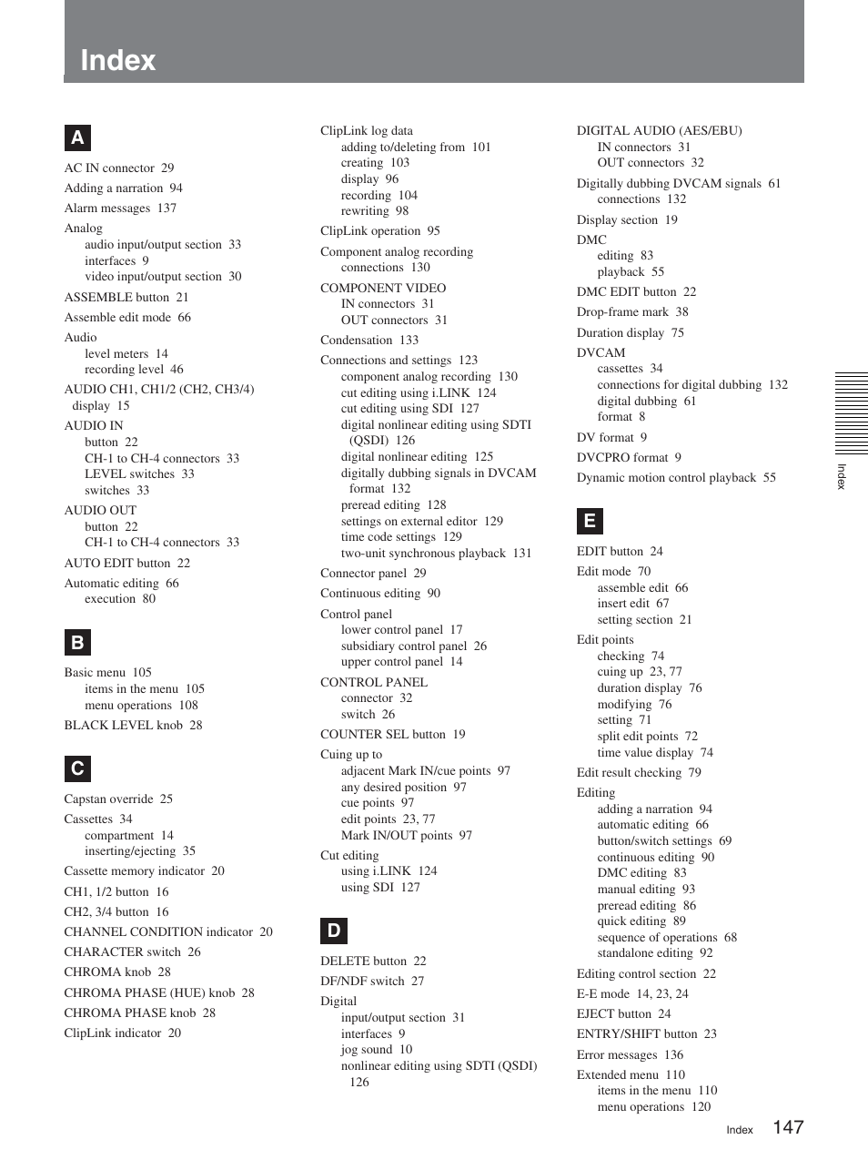 Index | Sony DSR-2000AP User Manual | Page 147 / 150