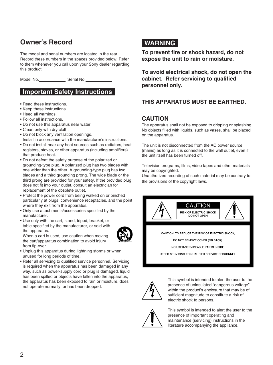 Owner’s record, Warning, Important safety instructions | Caution | Sony DSR-2000AP User Manual | Page 2 / 150