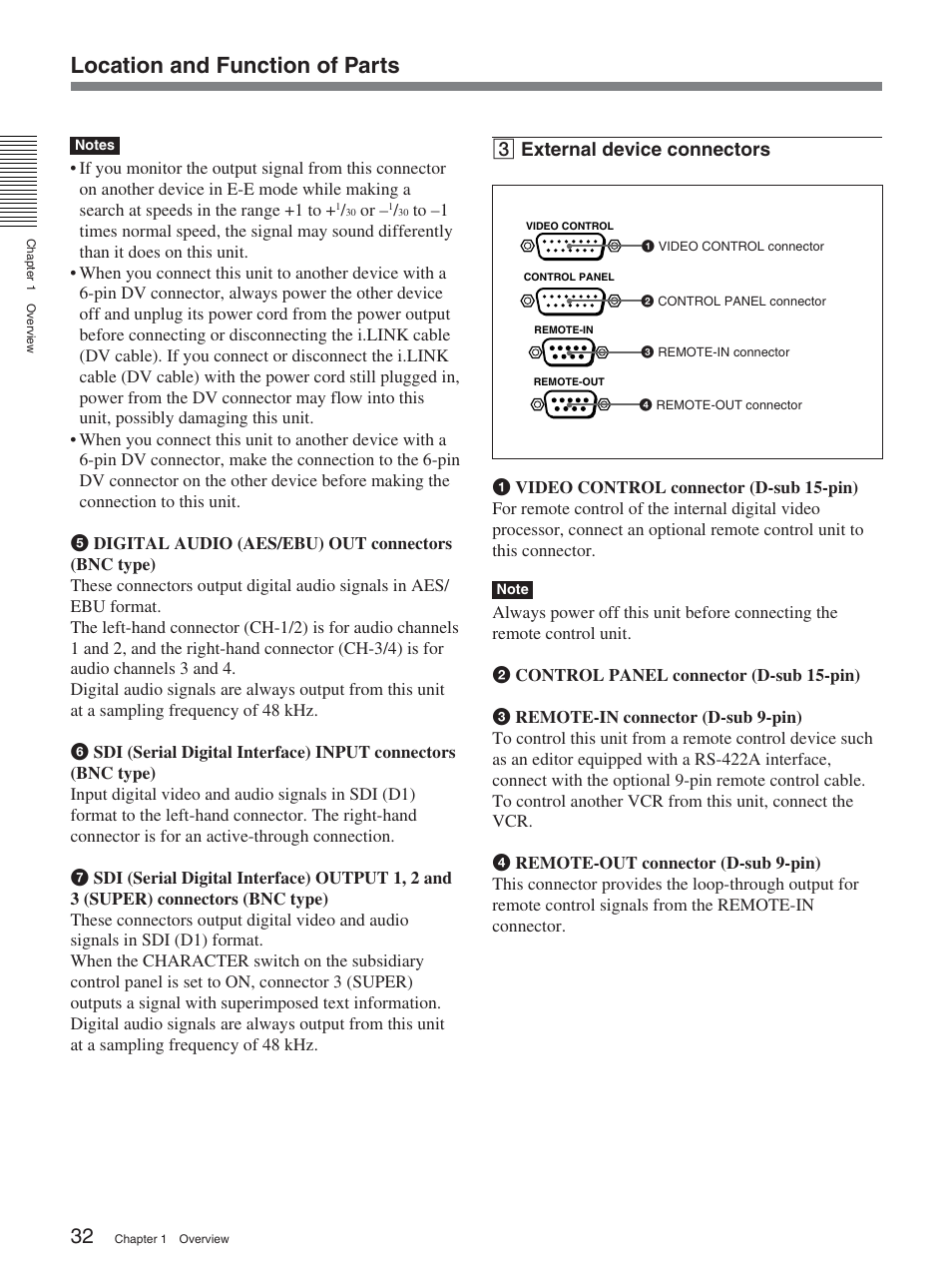 Location and function of parts, 3 external device connectors | Sony DSR-2000AP User Manual | Page 32 / 150