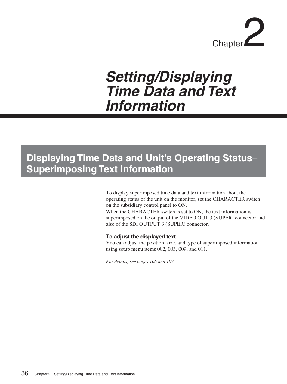 Setting/displaying time data and text information | Sony DSR-2000AP User Manual | Page 36 / 150