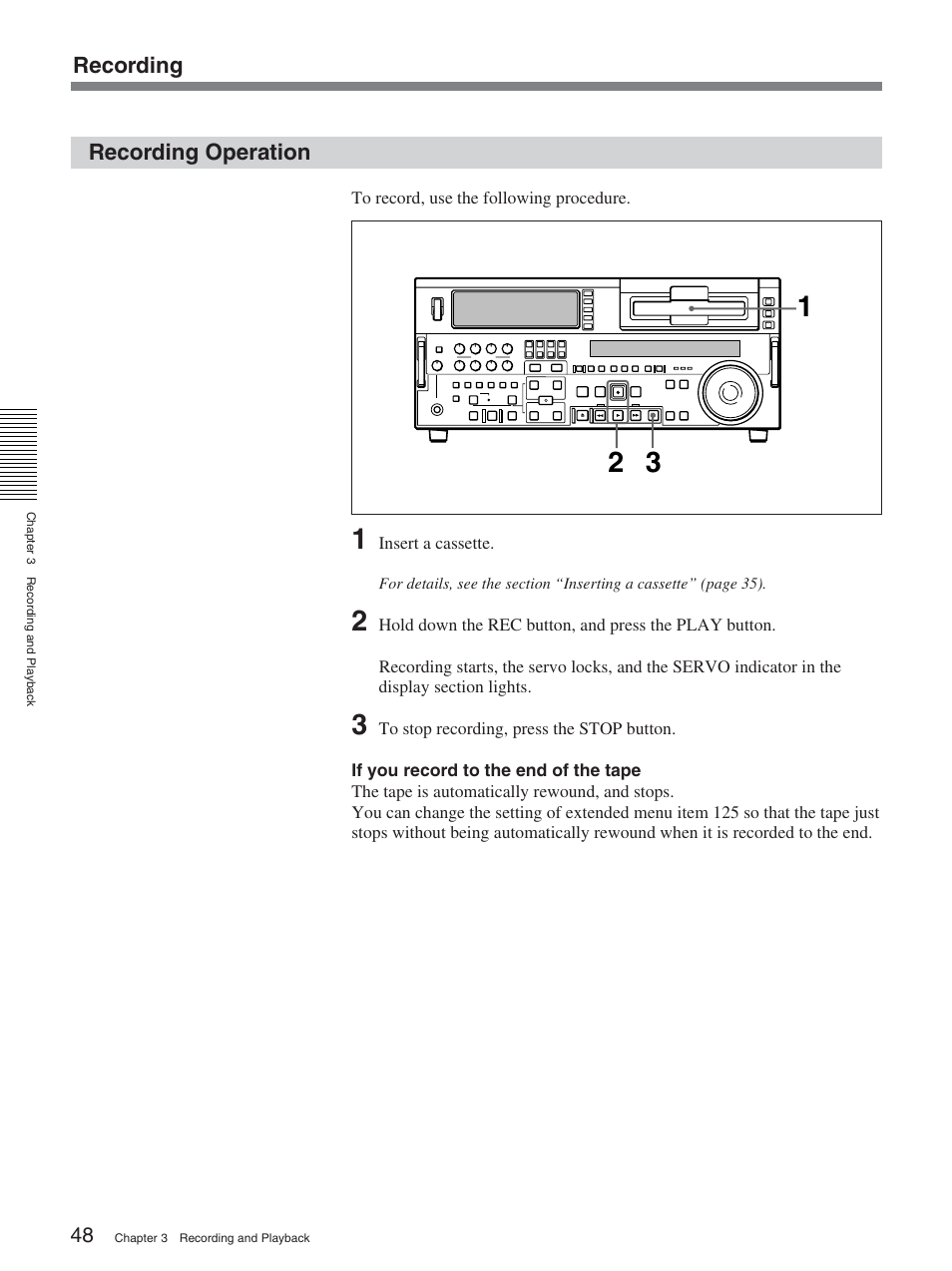 Recording operation | Sony DSR-2000AP User Manual | Page 48 / 150