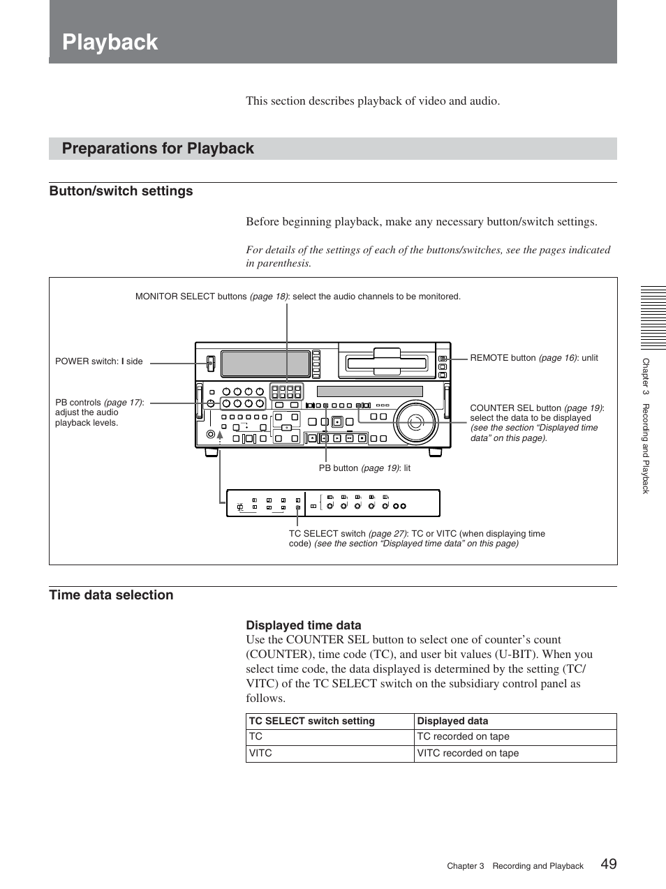 Playback, Preparations for playback, Button/switch settings | Time data selection | Sony DSR-2000AP User Manual | Page 49 / 150