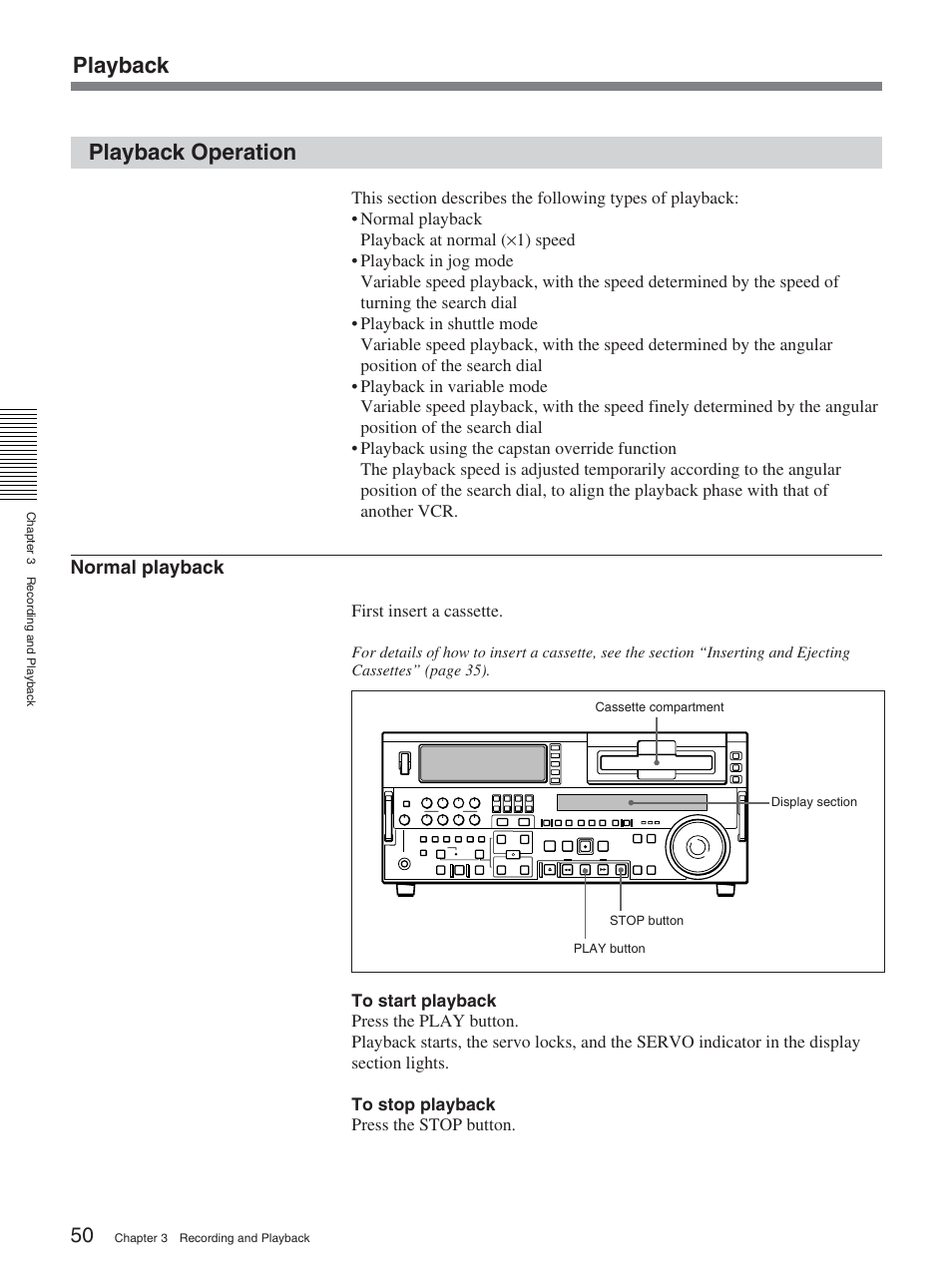 Playback operation, Playback playback operation | Sony DSR-2000AP User Manual | Page 50 / 150