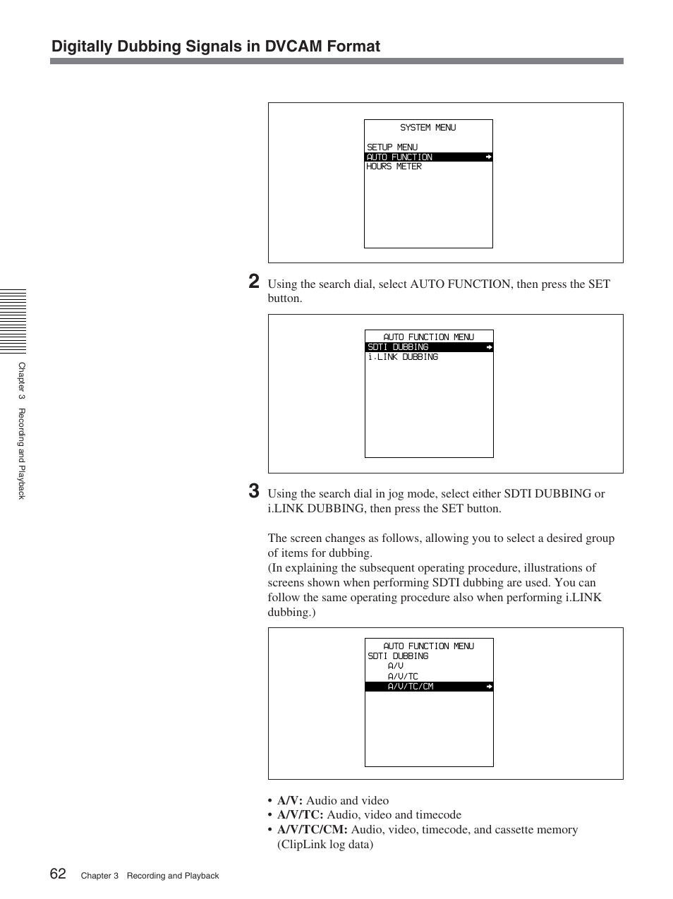 Digitally dubbing signals in dvcam format | Sony DSR-2000AP User Manual | Page 62 / 150