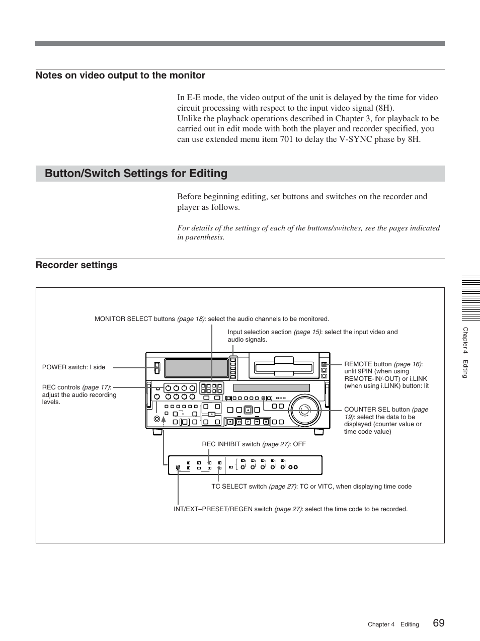 Button/switch settings for editing, Recorder settings | Sony DSR-2000AP User Manual | Page 69 / 150