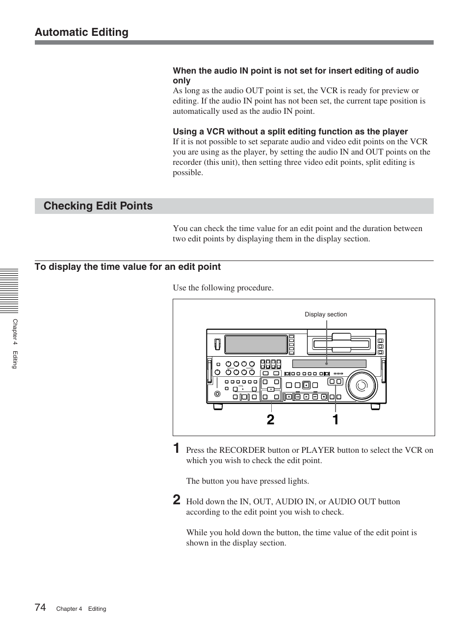 Checking edit points | Sony DSR-2000AP User Manual | Page 74 / 150