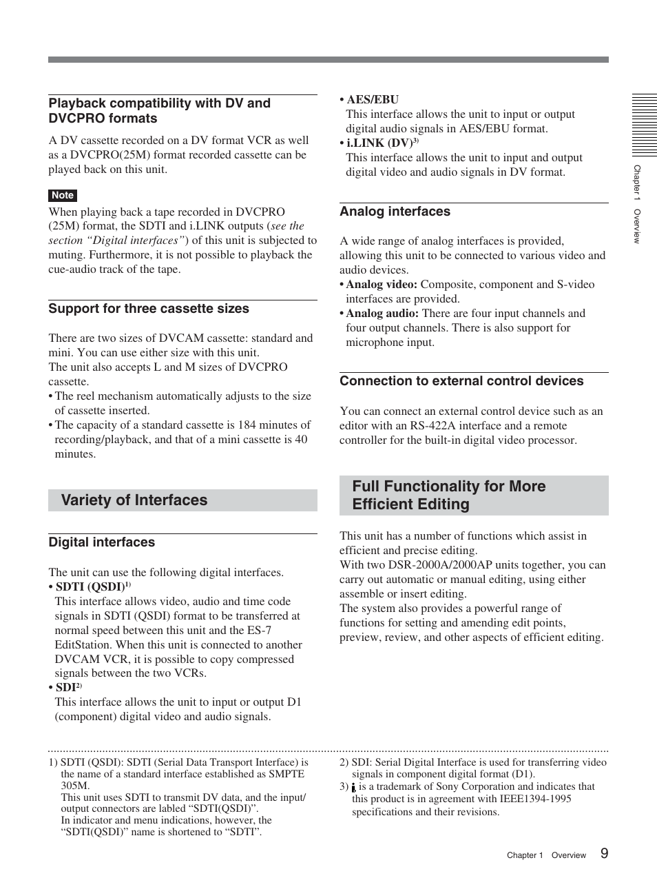 Variety of interfaces, Full functionality for more efficient editing | Sony DSR-2000AP User Manual | Page 9 / 150