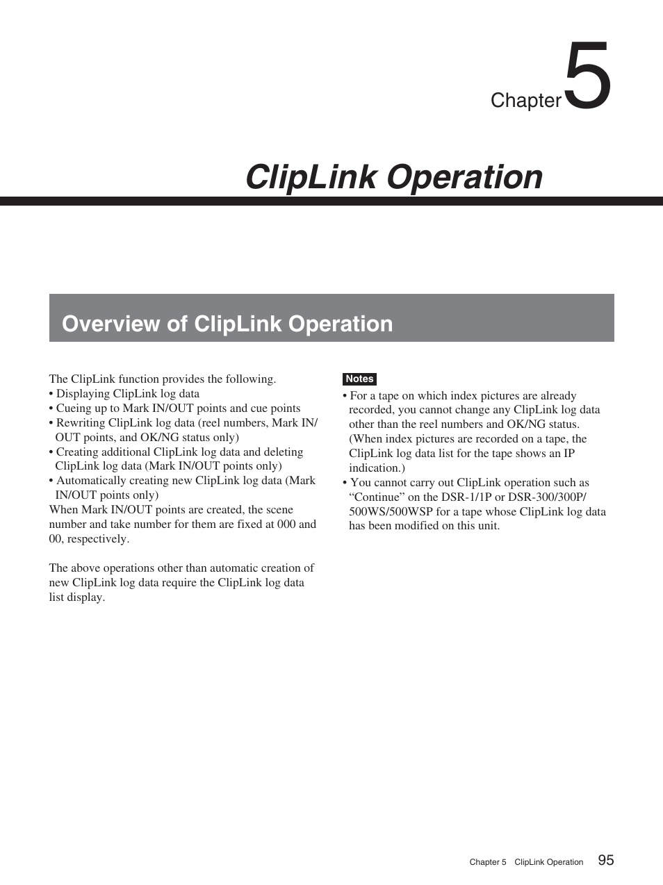 Chapter 5 cliplink operation, Overview of cliplink operation, Cliplink operation | Chapter | Sony DSR-2000AP User Manual | Page 95 / 150