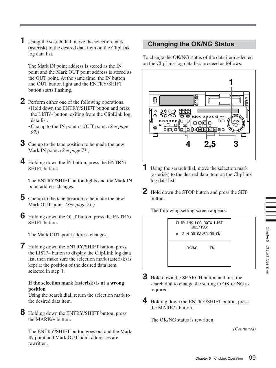 Changing the ok/ng status | Sony DSR-2000AP User Manual | Page 99 / 150