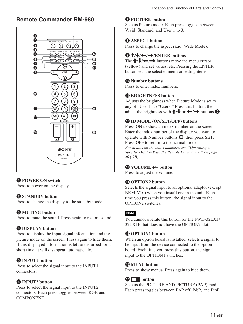 Remote commander rm-980 | Sony 32LX1 User Manual | Page 11 / 43