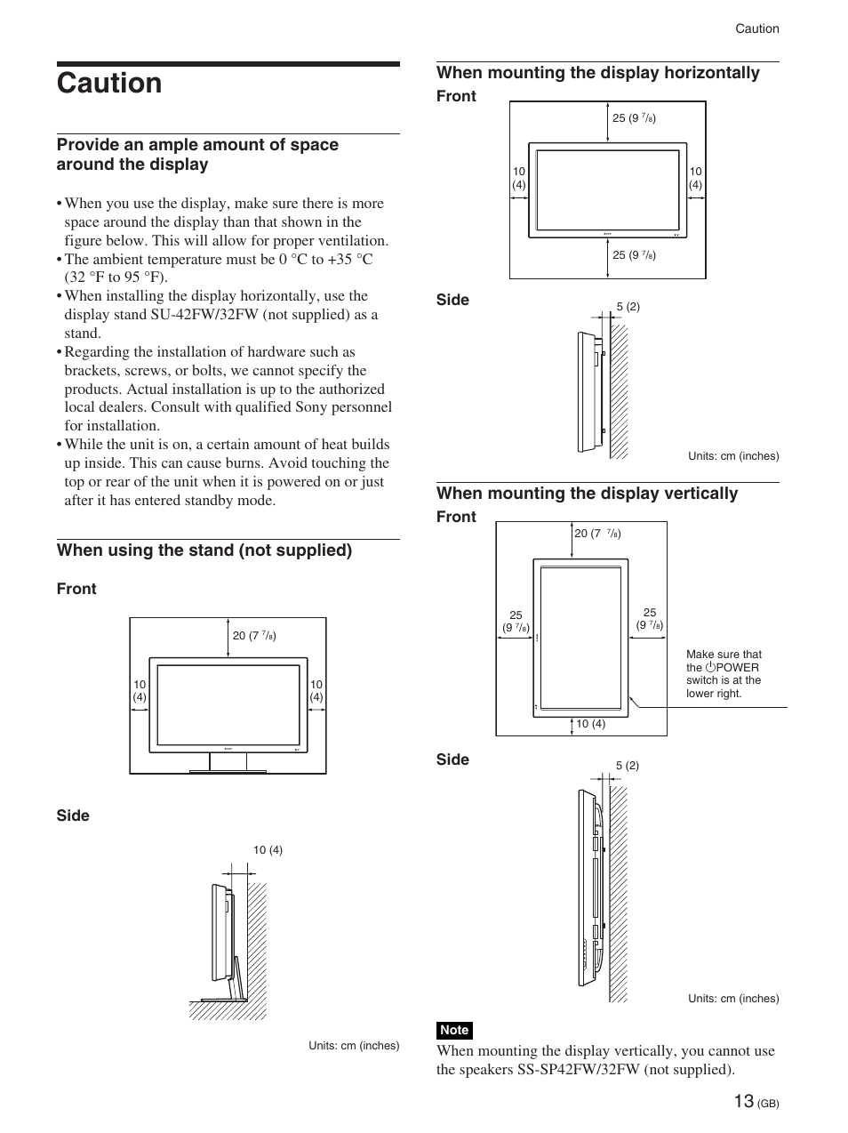 Caution, When using the stand (not supplied), When mounting the display horizontally | When mounting the display vertically, Front side | Sony 32LX1 User Manual | Page 13 / 43