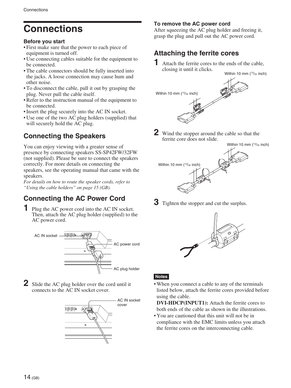 Connections, Connecting the speakers, Connecting the ac power cord | Attaching the ferrite cores | Sony 32LX1 User Manual | Page 14 / 43