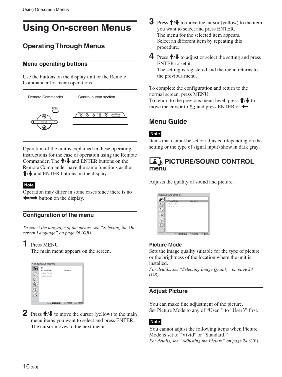 Using on-screen menus, Operating through menus, Menu guide | Picture/sound control menu, Menu operating buttons, Configuration of the menu, Adjust picture | Sony 32LX1 User Manual | Page 16 / 43