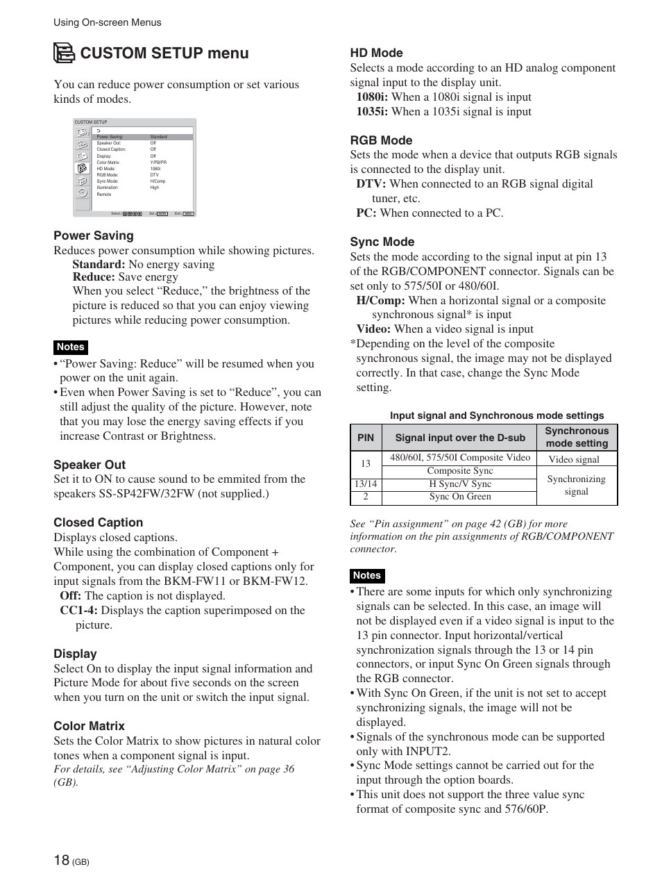 Custom setup menu | Sony 32LX1 User Manual | Page 18 / 43
