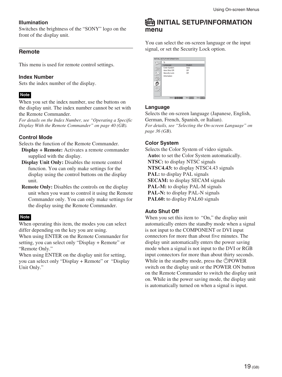 Initial setup/information menu, Remote | Sony 32LX1 User Manual | Page 19 / 43