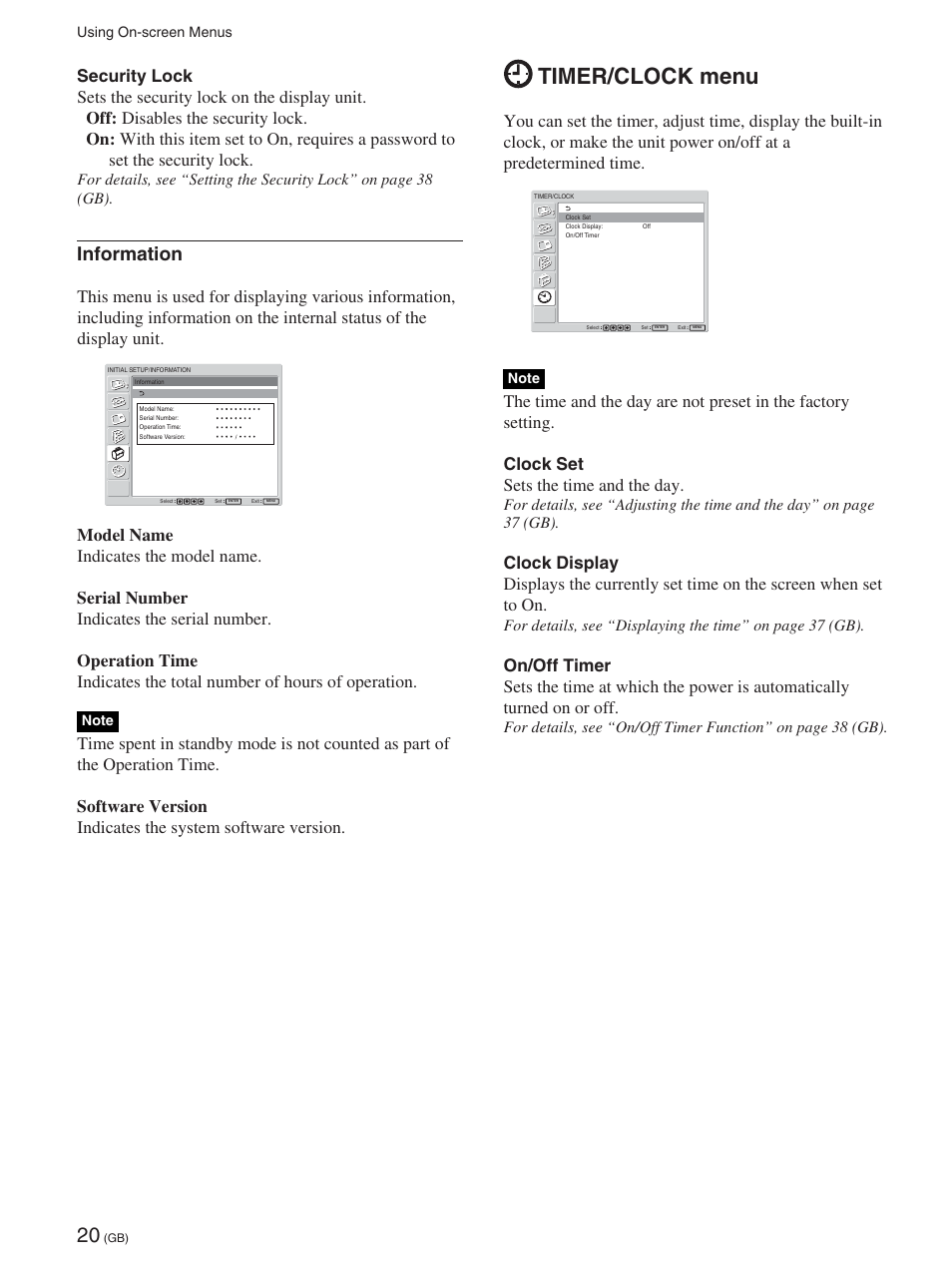 Timer/clock menu, Information | Sony 32LX1 User Manual | Page 20 / 43