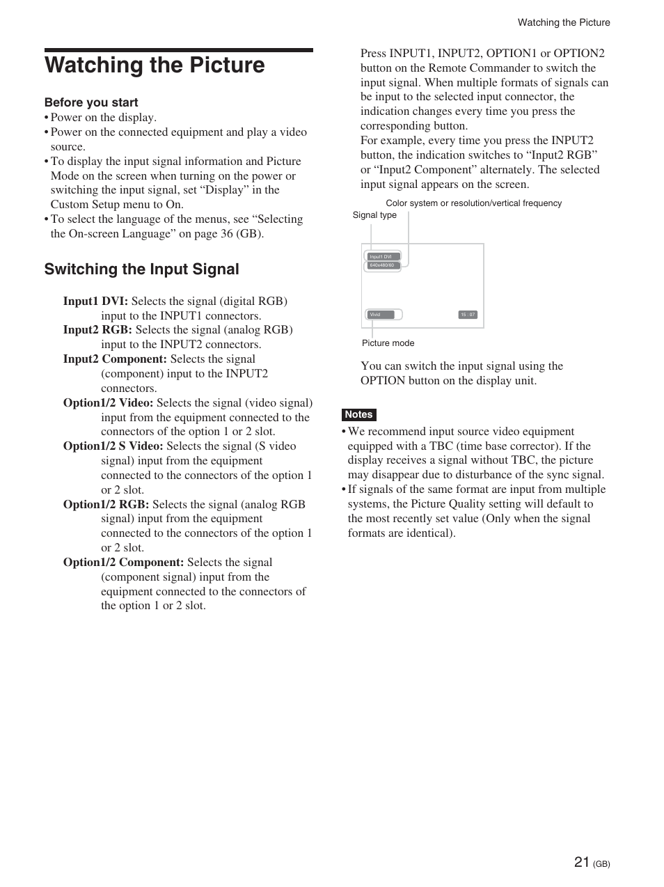 Watching the picture, Switching the input signal | Sony 32LX1 User Manual | Page 21 / 43