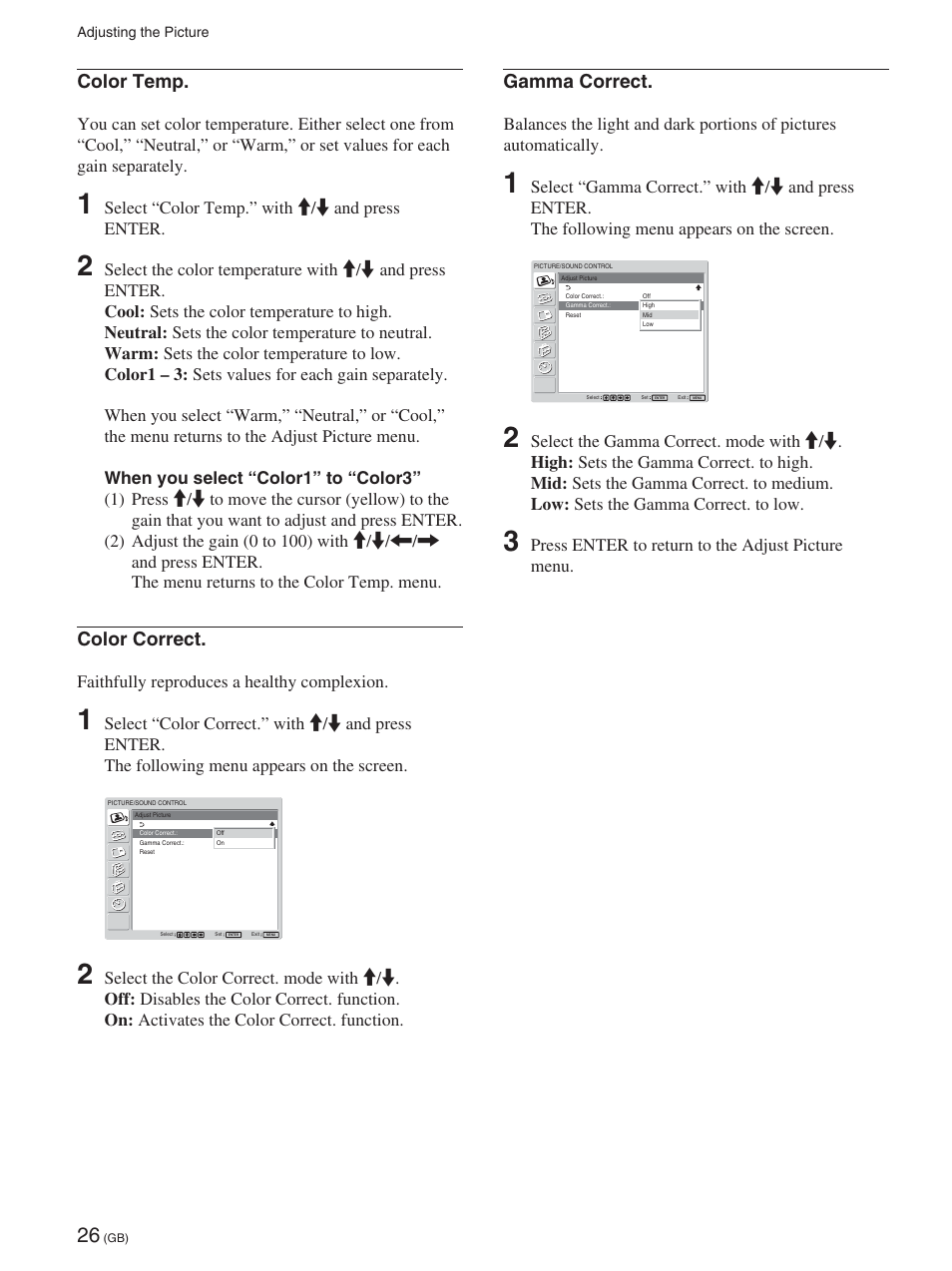 Color temp, Color correct, Gamma correct | Select “color temp.” with m/m and press enter, Faithfully reproduces a healthy complexion, Press enter to return to the adjust picture menu | Sony 32LX1 User Manual | Page 26 / 43