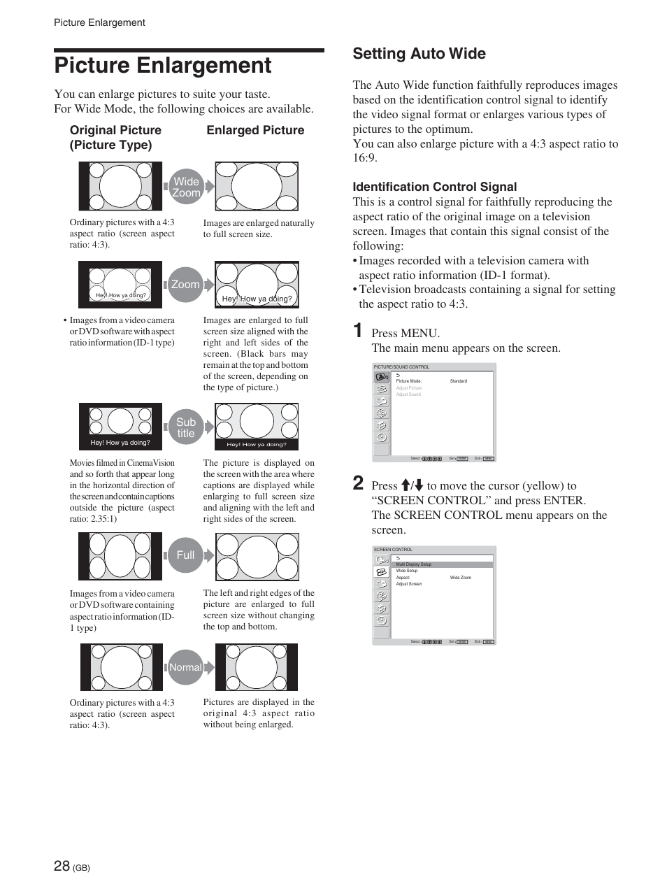 Picture enlargement, Setting auto wide, Press menu. the main menu appears on the screen | Wide zoom, Zoom, Sub title, Full | Sony 32LX1 User Manual | Page 28 / 43