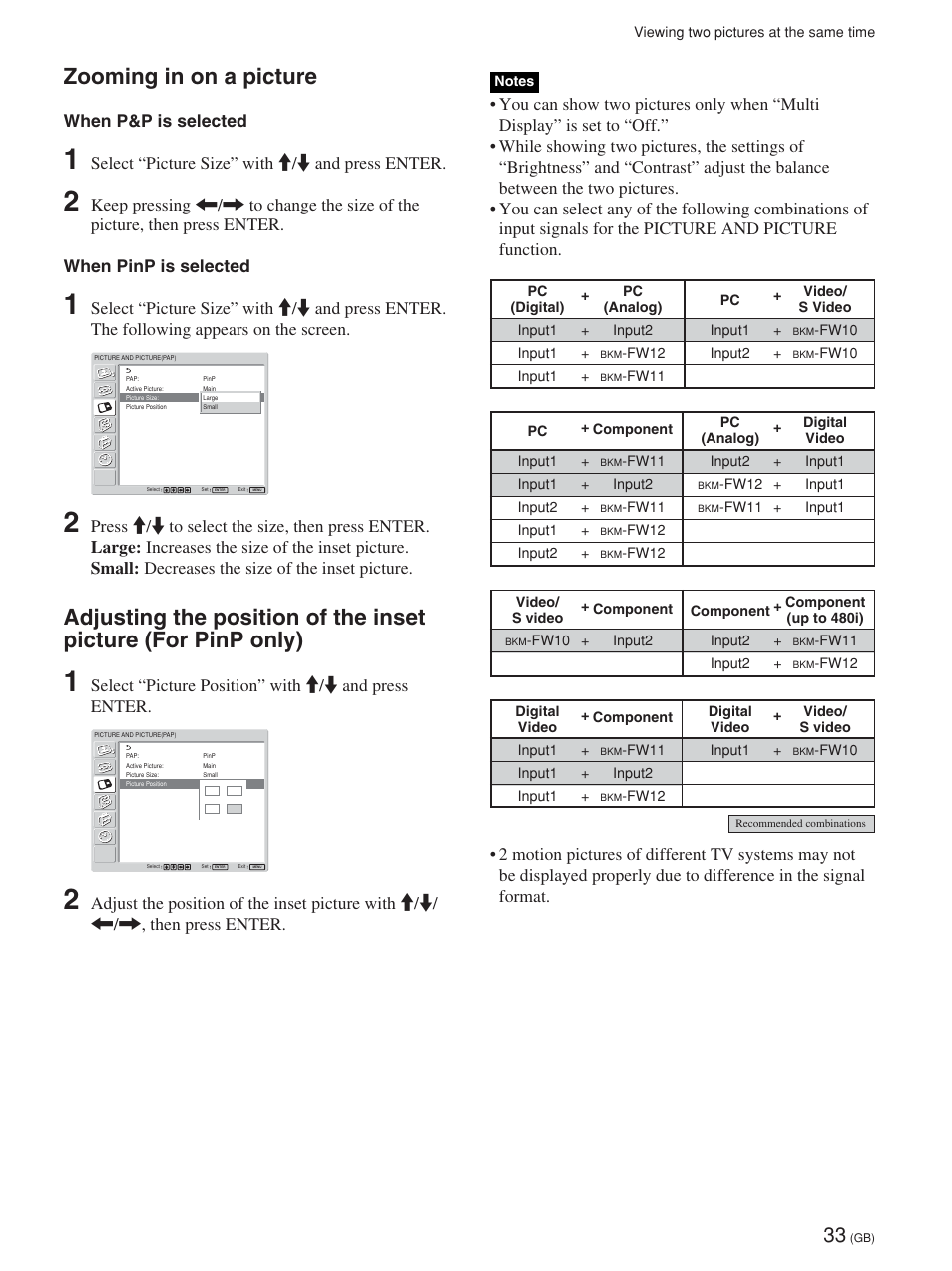 Zooming in on a picture, When p&p is selected, Select “picture size” with m/m and press enter | Select “picture position” with m/m and press enter | Sony 32LX1 User Manual | Page 33 / 43