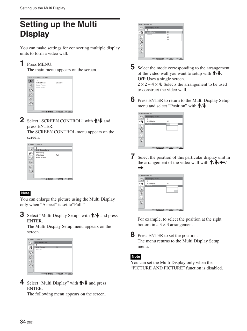 Setting up the multi display, Press menu. the main menu appears on the screen | Sony 32LX1 User Manual | Page 34 / 43