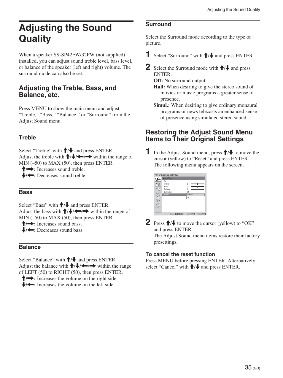 Adjusting the sound quality, Adjusting the treble, bass, and balance, etc, Treble | Bass, Balance, Surround | Sony 32LX1 User Manual | Page 35 / 43