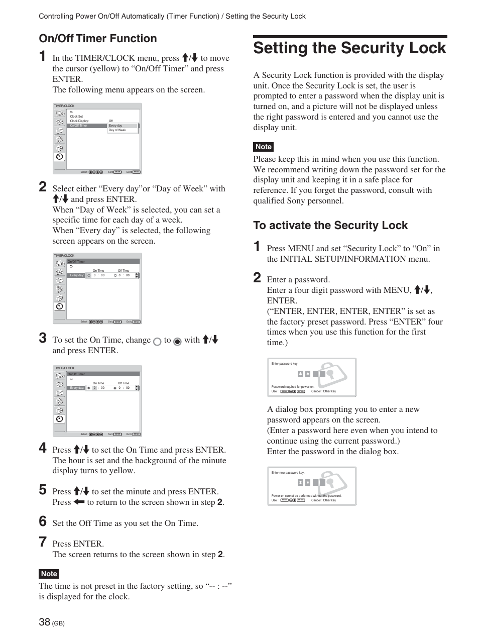 On/off timer function, Setting the security lock, To activate the security lock | Set the off time as you set the on time | Sony 32LX1 User Manual | Page 38 / 43