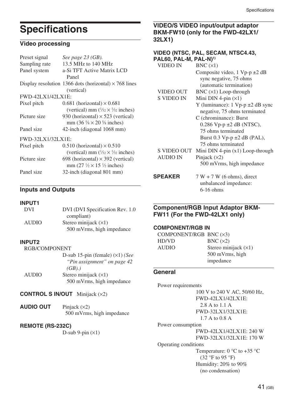 Specifications | Sony 32LX1 User Manual | Page 41 / 43