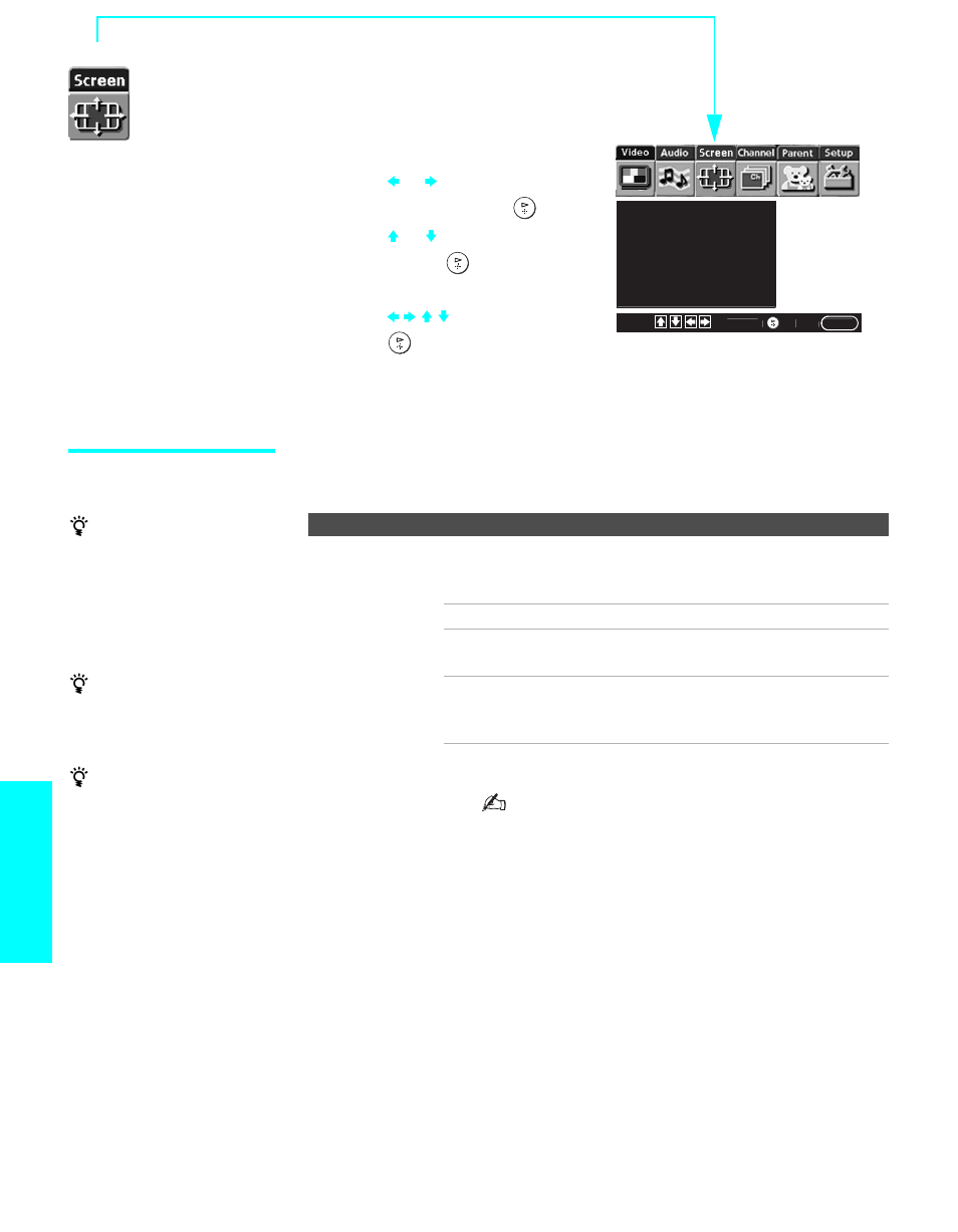 Using the screen menu, Selecting screen mode options, Menus | Sony WEGA KLV30XBR900 User Manual | Page 84 / 112