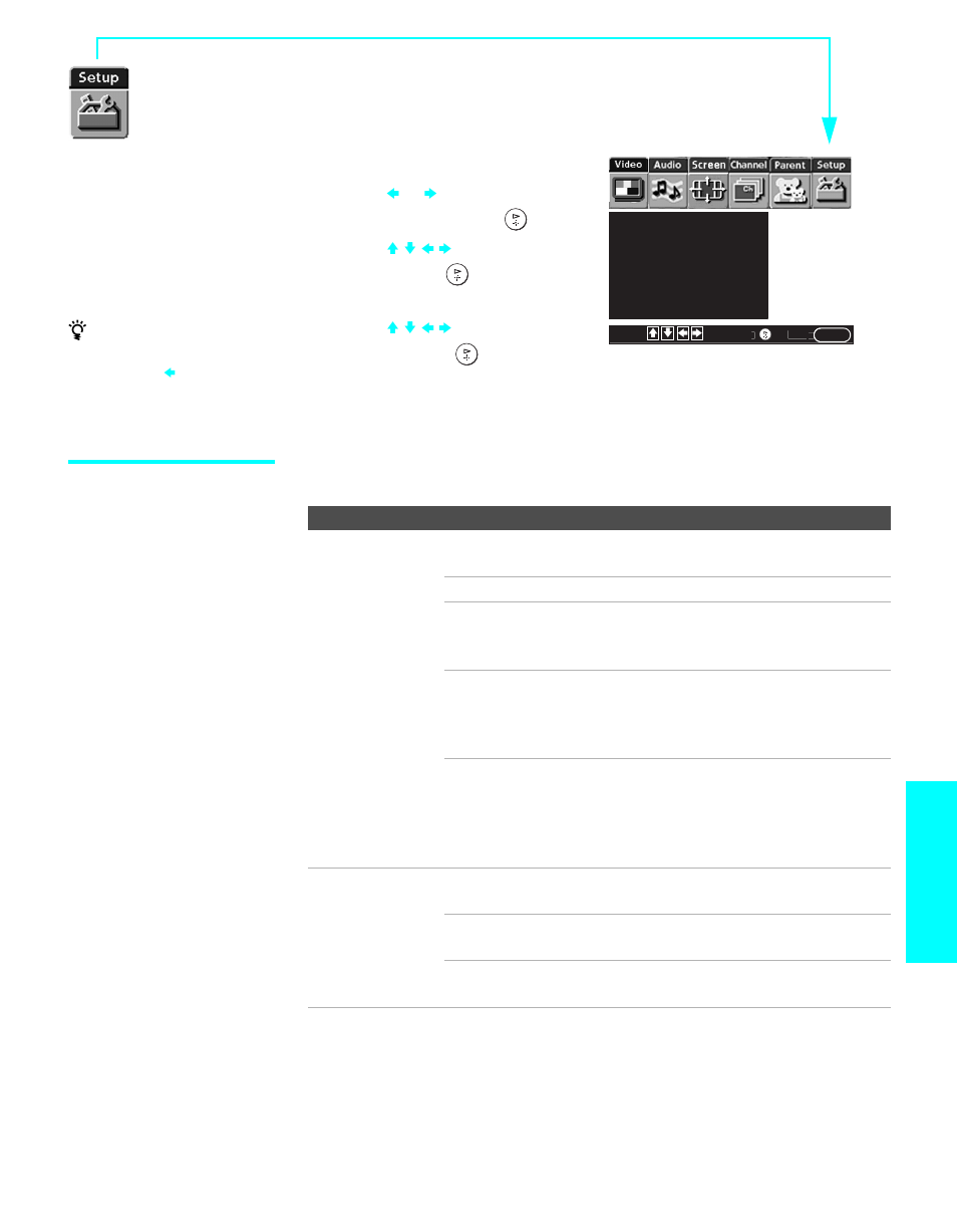 Using the setup menu, Selecting setup options, Menus | Sony WEGA KLV30XBR900 User Manual | Page 91 / 112