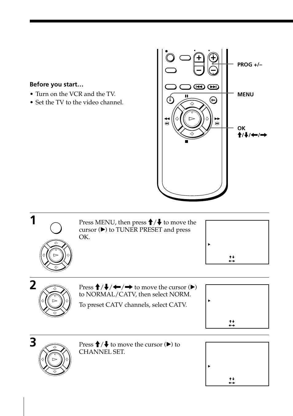 Presetting channels manually, Step 6: presetting channels (continued), Press >/. to move the cursor (b) to channel set | Getting started, Prog +/– menu ok m / m | Sony SLV-ED85PS/TH User Manual | Page 14 / 59