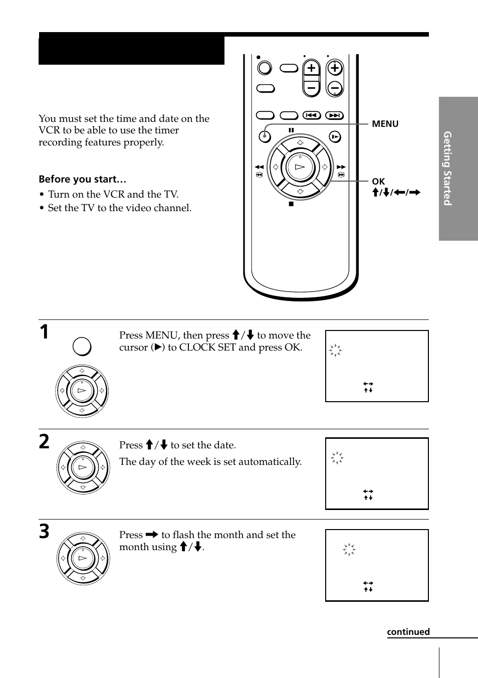 Step 7:setting the clock, Step 7: setting the clock, Setting the clock | Step 7, Getting started | Sony SLV-ED85PS/TH User Manual | Page 17 / 59