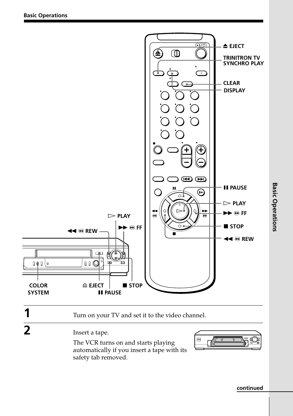 Basic operations, Playing a tape, 19 playing a tape | Sony SLV-ED85PS/TH User Manual | Page 19 / 59