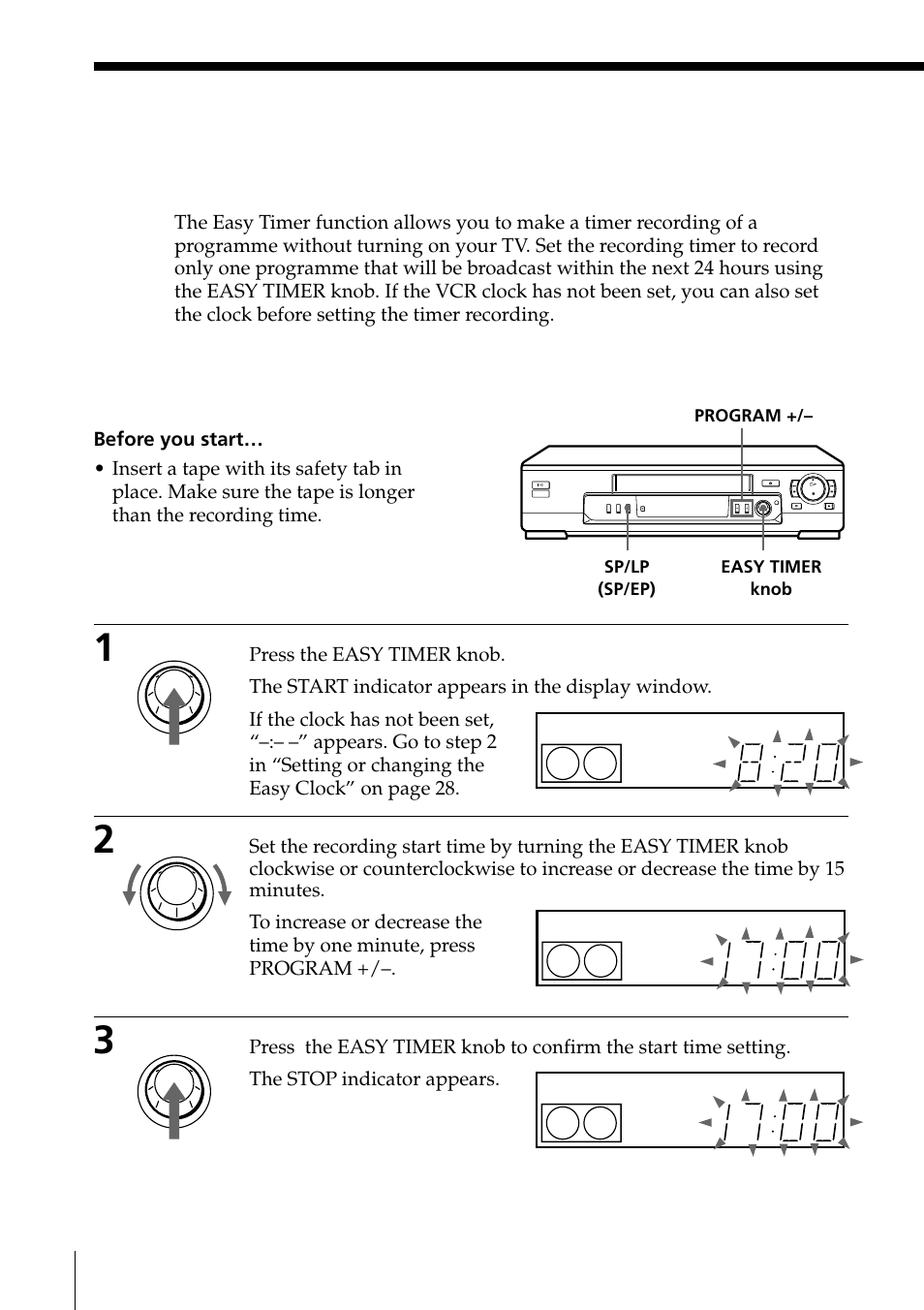 26 recording tv programmes using, The easy timer function, Setting the easy timer | Sony SLV-ED85PS/TH User Manual | Page 26 / 59