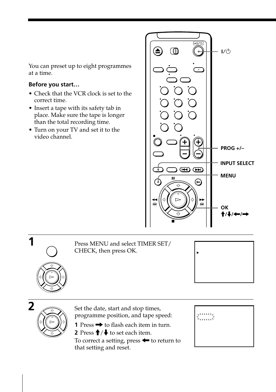 Setting the timer manually, 32 setting the timer manually, Basic operations | Input select menu ok m / m, Prog | Sony SLV-ED85PS/TH User Manual | Page 32 / 59