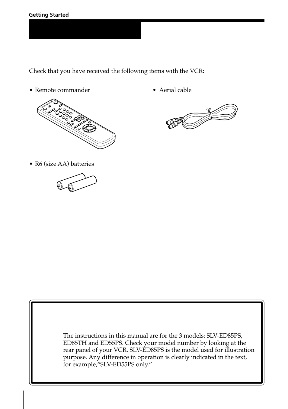 Getting started, Step 1:unpacking, Step 1: unpacking | Unpacking, Checking your model name, Step 1 | Sony SLV-ED85PS/TH User Manual | Page 4 / 59