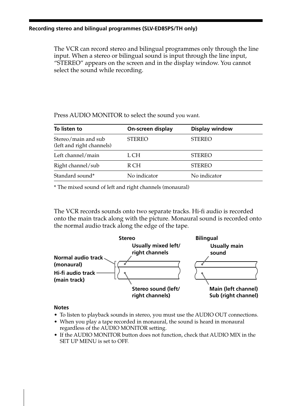 40 recording stereo and bilingual, Programmes (slv-ed85ps/th only), 41 searching the beginning of an | Easy timer recorded programme, Selecting the sound while playing, How sound is recorded on a video tape | Sony SLV-ED85PS/TH User Manual | Page 40 / 59