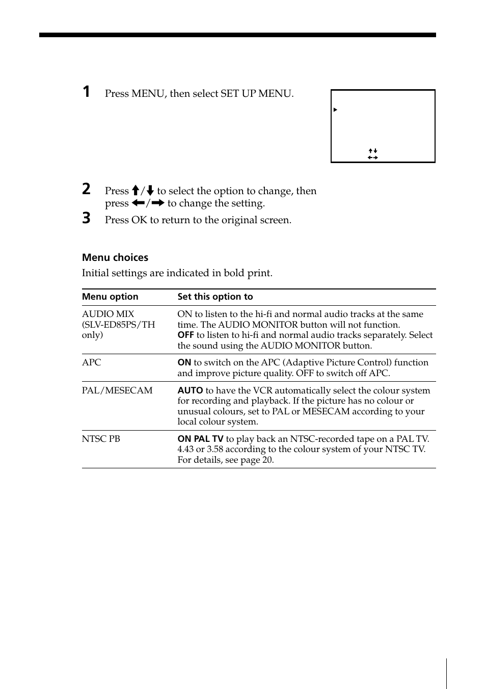 Changing menu options, 47 changing menu options, Press menu, then select set up menu | Sony SLV-ED85PS/TH User Manual | Page 47 / 59