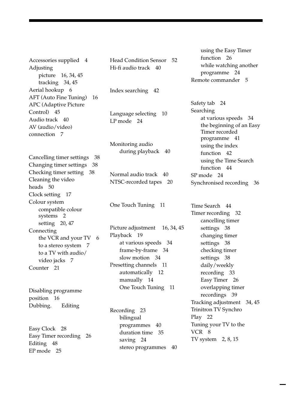 Index, A, b, E, f, g | I, j, k, P, q, T, u, v, w, x, y, z | Sony SLV-ED85PS/TH User Manual | Page 59 / 59