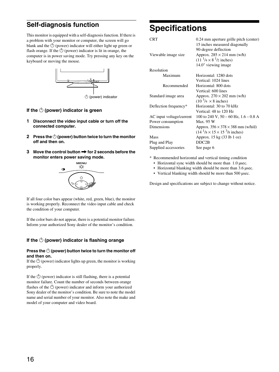 Self-diagnosis function, Specifications, 16 self-diagnosis function | Sony CPD-E100 User Manual | Page 16 / 62