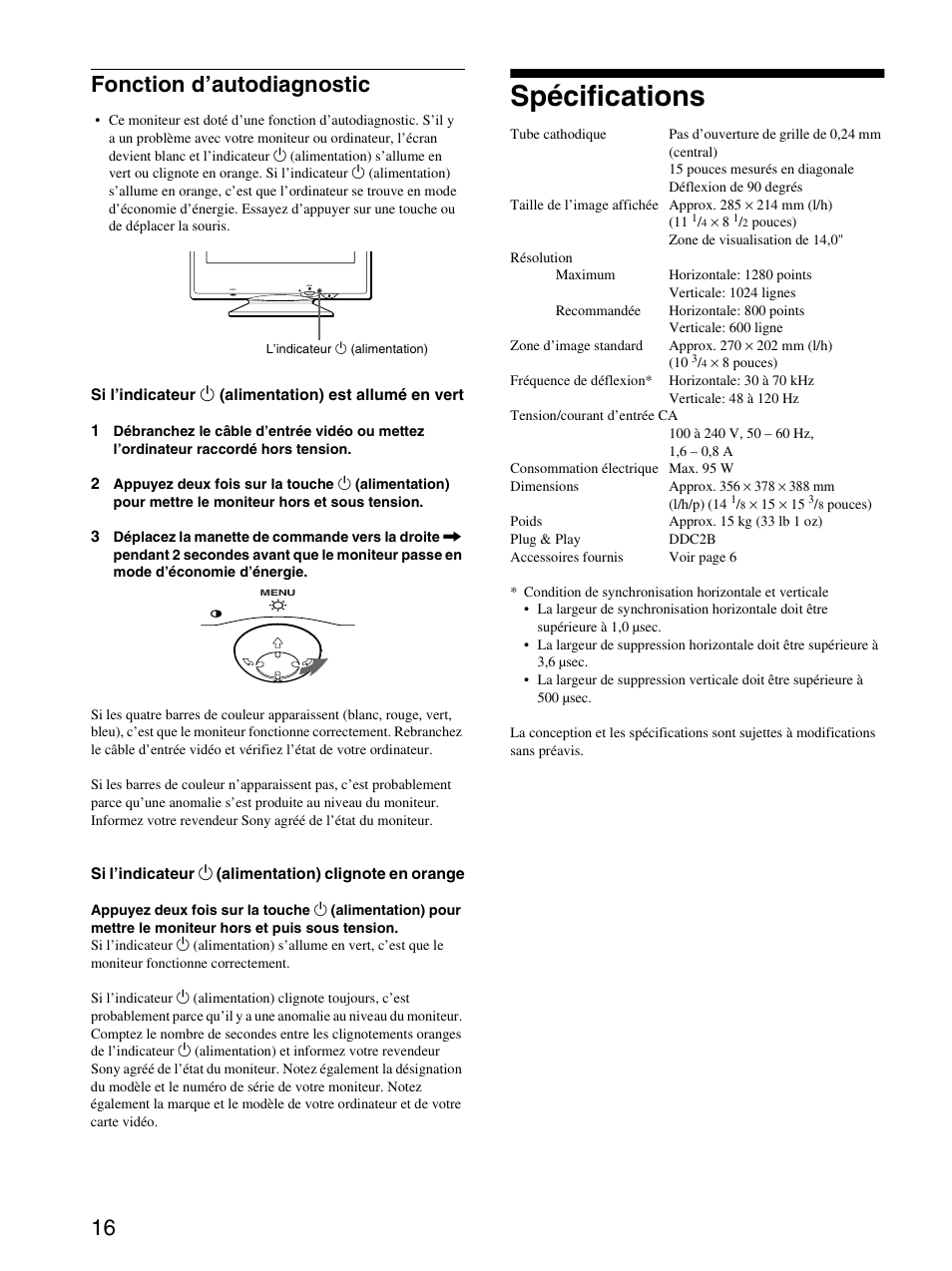 Fonction d’autodiagnostic, Spécifications, 16 fonction d’autodiagnostic | Sony CPD-E100 User Manual | Page 30 / 62