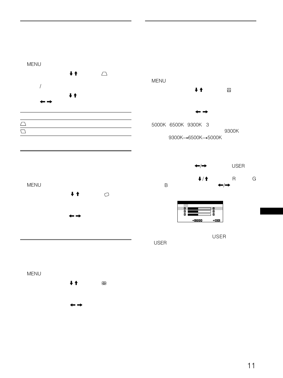 画像の側面の角度を調整する, 画像の傾きを調整する, 画像を拡大/縮小する | 色温度を調整する | Sony CPD-E100 User Manual | Page 53 / 62