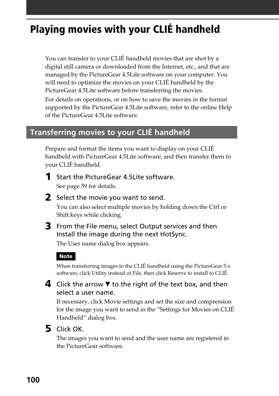 Playing movies with your clié handheld, Transferring movies to your clié handheld | Sony PEG-T665C User Manual | Page 100 / 208