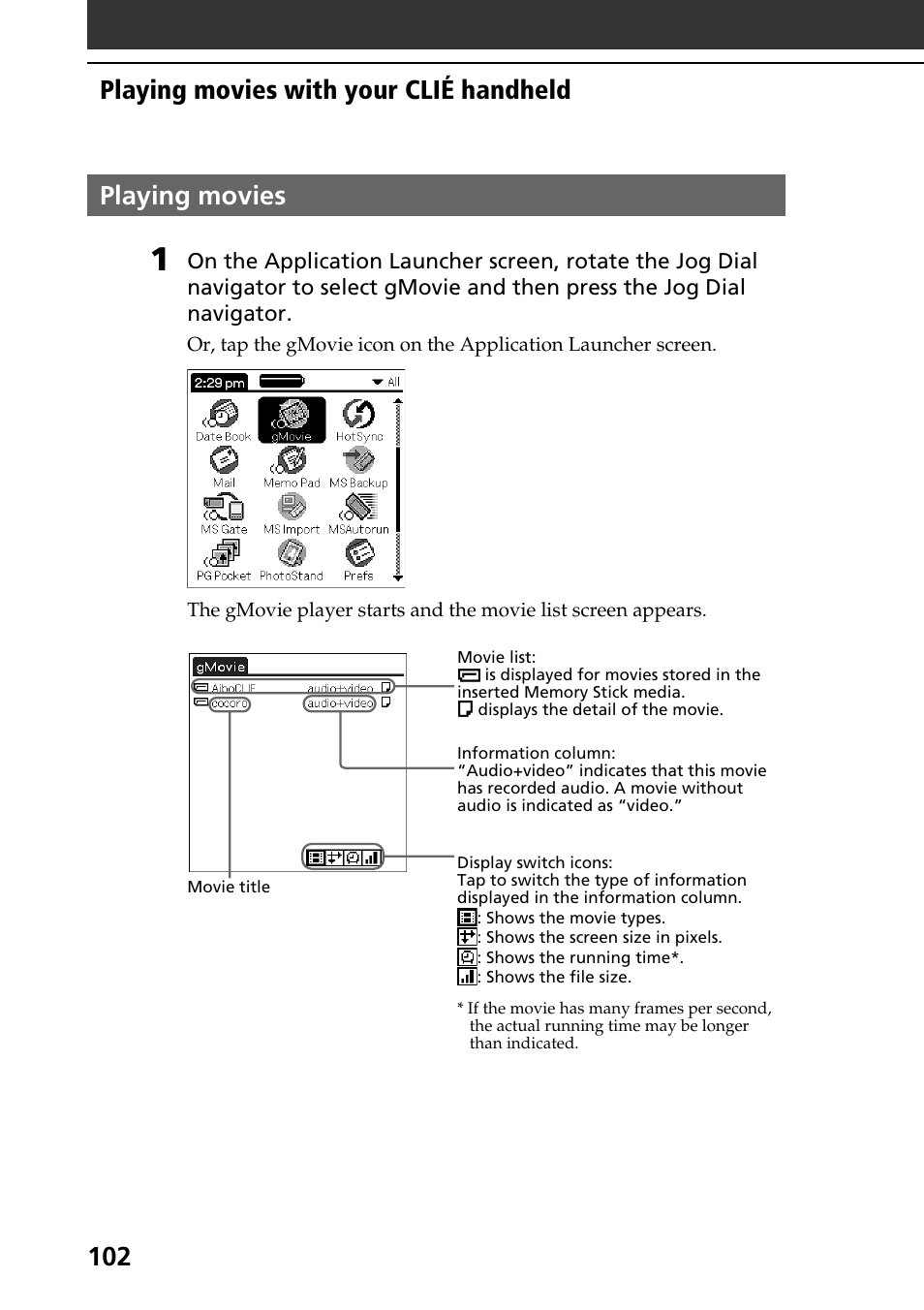 Playing movies | Sony PEG-T665C User Manual | Page 102 / 208