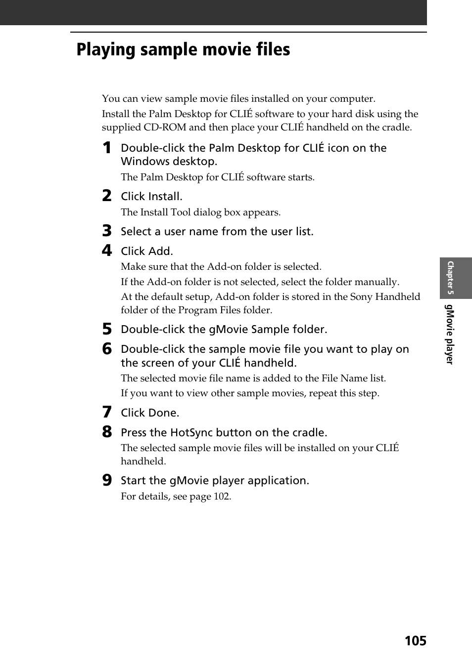 Playing sample movie files | Sony PEG-T665C User Manual | Page 105 / 208