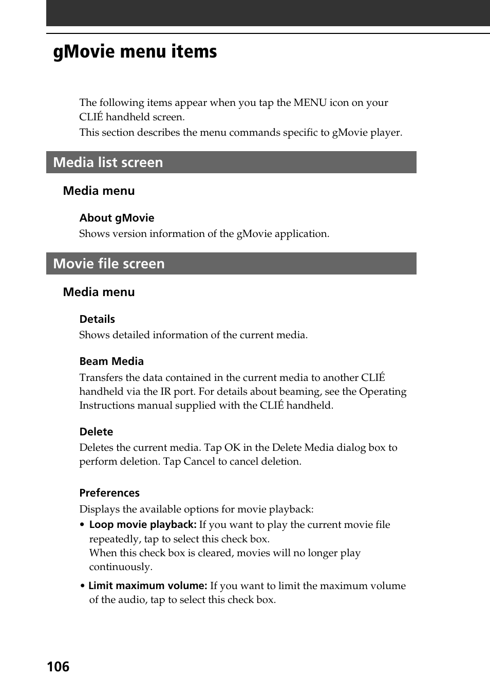 Gmovie menu items, Media list screen, Movie file screen | Media list screen movie file screen | Sony PEG-T665C User Manual | Page 106 / 208