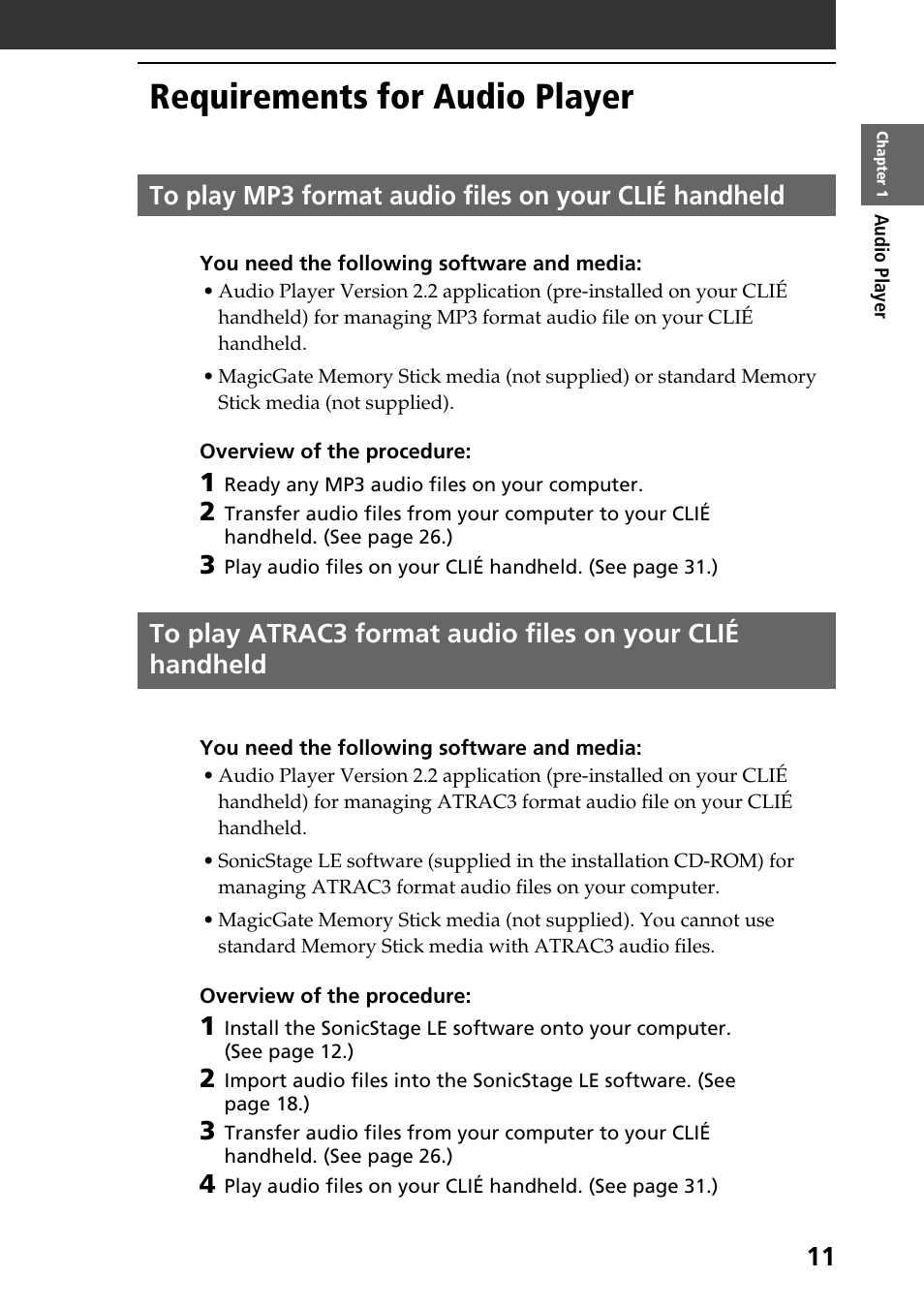 Requirements for audio player | Sony PEG-T665C User Manual | Page 11 / 208