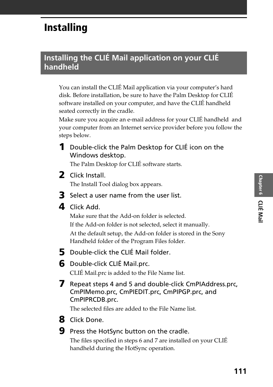 Installing | Sony PEG-T665C User Manual | Page 111 / 208