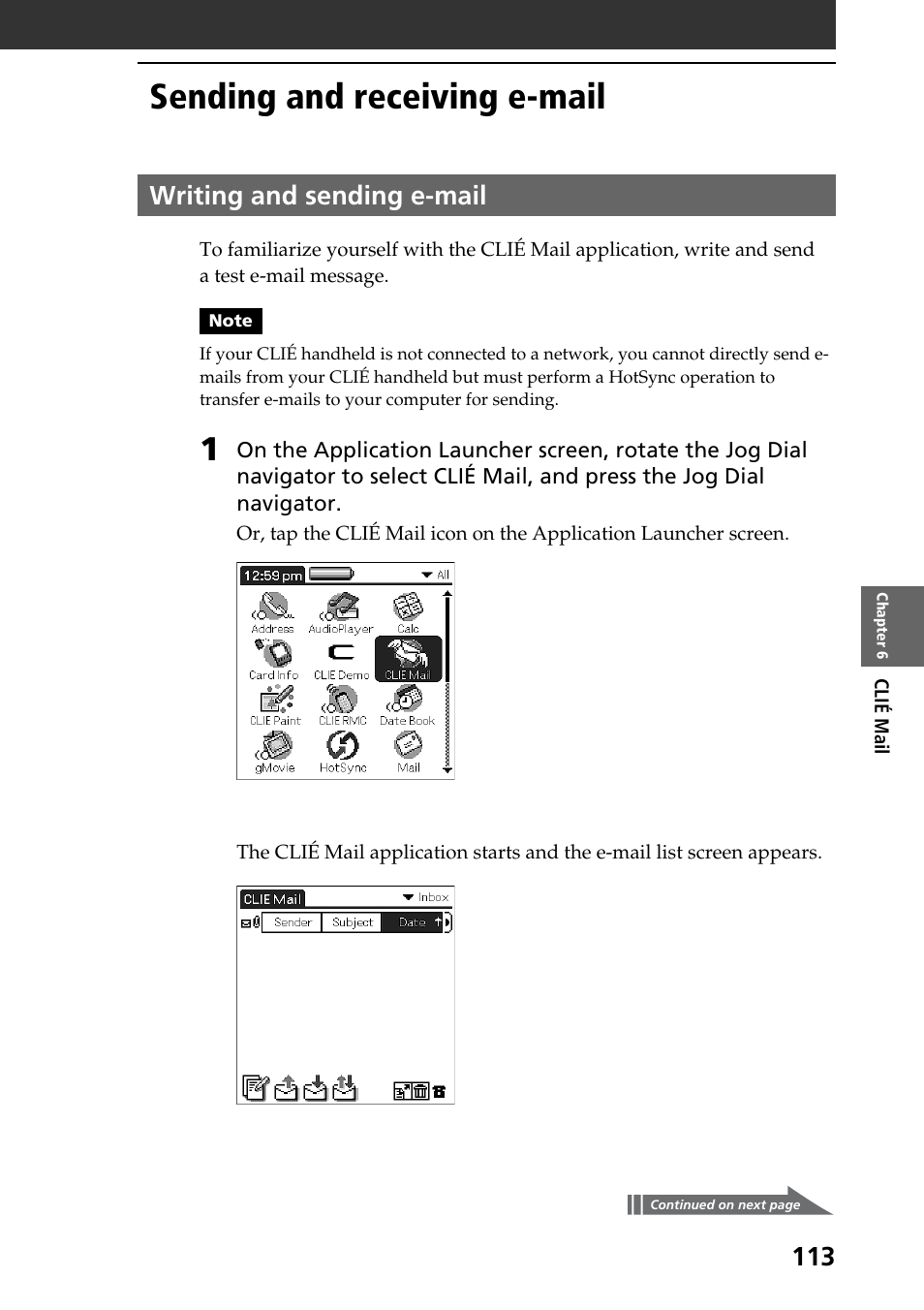 Sending and receiving e-mail, Writing and sending e-mail | Sony PEG-T665C User Manual | Page 113 / 208